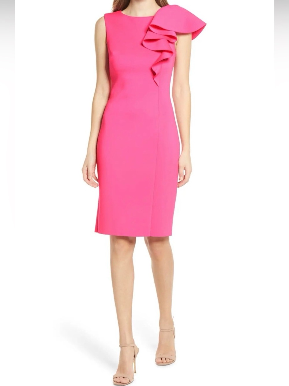 Eliza J Asymmetric Draped Ruffle Scuba Sheath Dress - Fuchsia Size 6 NWOT